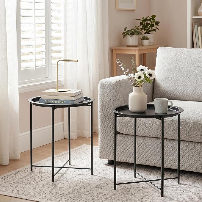 VECELO Side/End Table, Folding Round Metal Anti-Rust and Waterproof Outdoor or Indoor Tray for Living Room Bedroom Balcony and Office, 1 PCS, Black