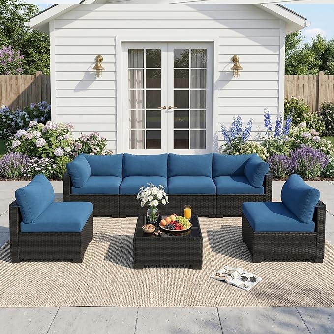 Patio Furniture Set 7 Pieces Conversation Set Wicker Outdoor Sectional Sofa,Ergonomic Armrests Couch with Cushion and Glass Table (Black-Peacock Blue, 7 Piece-Single)
