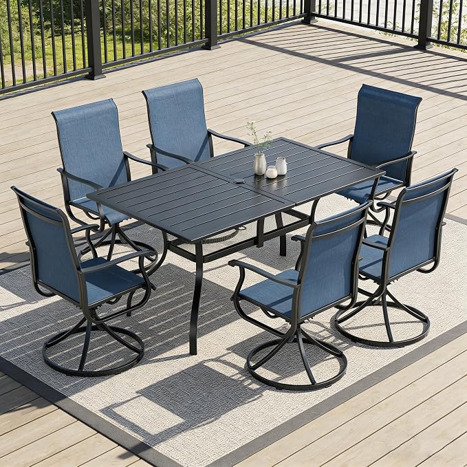 SUNCROWN 7-Piece Outdoor Patio Dining Set, All Weather Rectangular Metal Table & 6 Dark Blue Swivel Textilene Mesh Chairs, Weather Resistant Patio Furniture for Deck Lawn Garden Backyard Poolside
