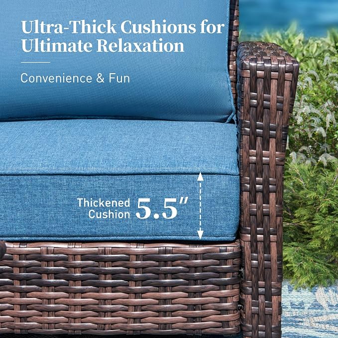 SUNSHINE VALLEY Patio Furniture Set with Swivel Chairs, High Back Wicker Rattan Sofa Chairs with 5.5" Thick Cushion and 2 Ottoman, Outdoor Conversation Set for Backyard Deck, Blue