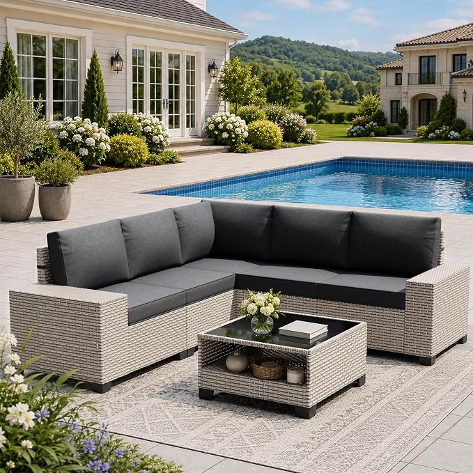 6-Piece Outdoor Patio Furniture Set, Modular Sectional Sofa Set with Glass Coffee Table and Cushions, Wicker Outdoor Couch Conversation Sets, Black