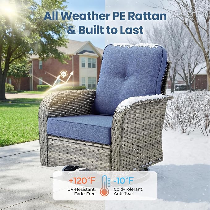 7 Piece Wicker Patio Furniture Set with Swivel Chairs, Denim Blue | High Back Swivel Rocker Chairs, Outdoor Loveseat Sofa, Coffee Table, Rattan Conversation Set, Porch Deck Backyard Poolside