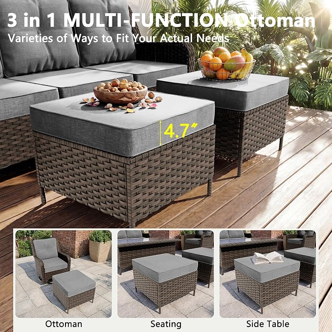 Gotland 7-Pcs Patio Conversation Set, Outdoor Thick Wicker Sectional Sofas with 2 Swivel Rocker Chairs, High Back Sectional Couch, Outdoor Furniture Set for Backyard, Deck, Porch, Grey