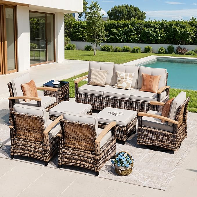 MEISSALIVVE 8 Pieces Outdoor Patio Furniture Sets, Wicker Patio Conversation Sets with 2 Wood Armrests Swivel Glide Chairs,2 Single Chairs, 3-seat Sofa (Beige)