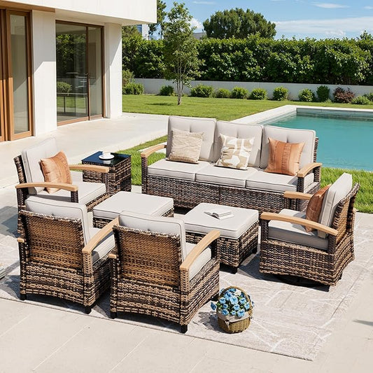 MEISSALIVVE 8 Pieces Outdoor Patio Furniture Sets, Wicker Patio Conversation Sets with 2 Wood Armrests Swivel Glide Chairs,2 Single Chairs, 3-seat Sofa (Beige)