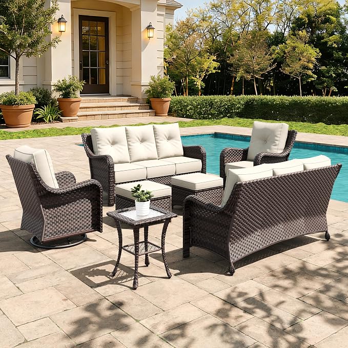 7 Pieces Outdoor Furniture Set with 6-inch Cushions, High Back Wicker Swivel Rocker Chairs with Coffee Table, Luxury Conversation Set for Deck Patio and Poolside