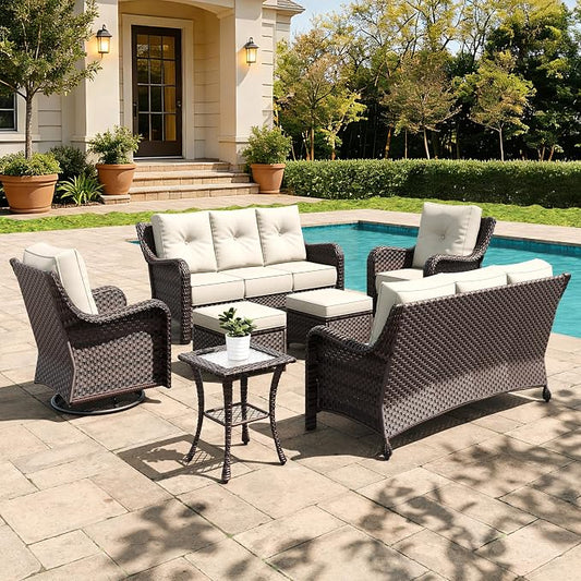 7 Pieces Outdoor Furniture Set with 6-inch Cushions, High Back Wicker Swivel Rocker Chairs with Coffee Table, Luxury Conversation Set for Deck Patio and Poolside