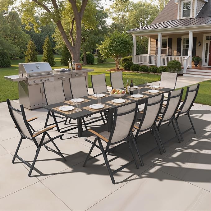 Pellebant 11 Piece Aluminum Outdoor Dining Set for 6-10 Person, 53" - 106" Expandable Outdoor Dining Table and 10 Foldable Chairs, Weather Resistant Outdoor Furniture Set for Deck, Porch & Backyard