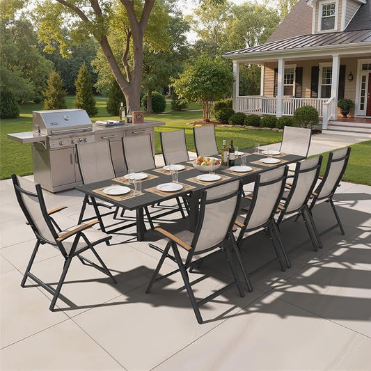 Pellebant 11 Piece Aluminum Outdoor Dining Set for 6-10 Person, 53" - 106" Expandable Outdoor Dining Table and 10 Foldable Chairs, Weather Resistant Outdoor Furniture Set for Deck, Porch & Backyard