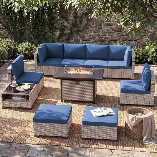 Patio Furniture Set, 10-Piece Outdoor Sectional Sofa with 60,000 BTU Fire Pit Table & Ottomans, Wicker Patio Conversation Set with Coffee Table, Blue Cushions