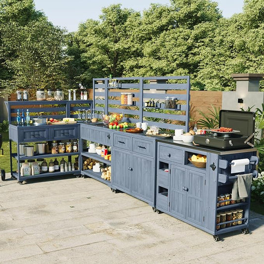RUNNA 4-Piece Outdoor Rolling Kitchen Island with Sink w/Faucet, Solid Wood Grill Table with Storage Cabinets, Drawers, Stainless Table Top and Movable Shelves for Garden (Gray#38)