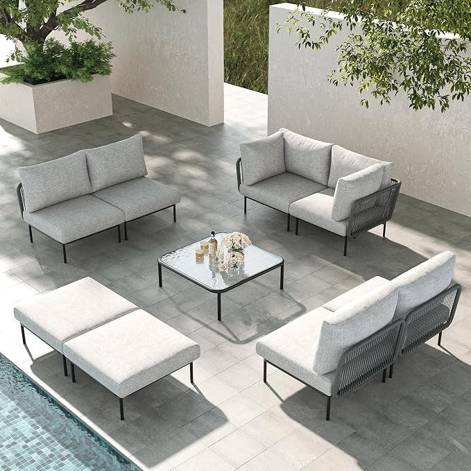 LayinSun 9 Pieces Aluminum Patio Furniture Set, Modern Modular Sectional Sofa with Coffee Table and Upgrade Thickness Cushion