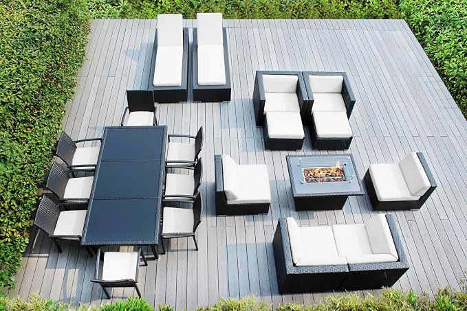 20 Piece Outdoor Patio Furniture Black Wicker Conversation Set with Fully Assembled Sectional and 42-inch Propane Gas Fire Table