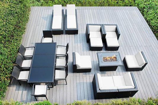 20 Piece Outdoor Patio Furniture Black Wicker Conversation Set with Fully Assembled Sectional and 42-inch Propane Gas Fire Table