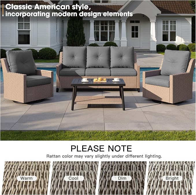 NestNook 4 Piece Patio Furniture Set, Outdoor Rattan Swivel Glider Chairs Set of 2 with 3-Seater Sofa and Coffee Table Wicker Patio Conversation Set for Backyard Balcony & Poolside（Dark Grey）