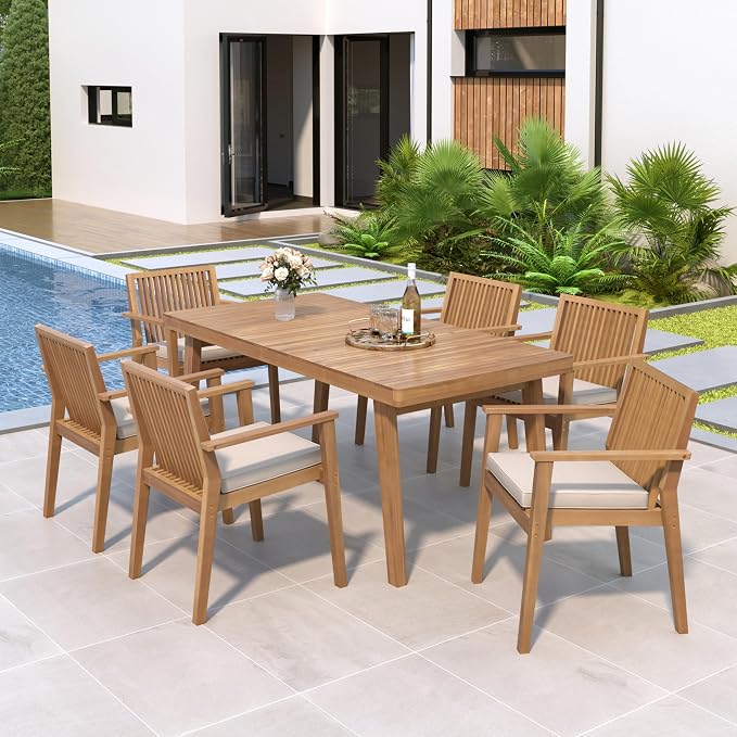 Merax 7 Piece Patio Furniture Set, Acacia Wood Outdoor Dining Set with 1 Table & 6 Heavy-Duty Cushioned Chairs for Porch, Backyard, Garden, Poolside, Indoors, Easy Assembly, Brown