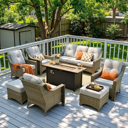 8 Piece Patio Furniture Set with Fire Pit Table, All Weather Wicker High Back Sofa Chairs Ottoman with Thick Cushion, Outdoor Conversation Sets for Large Backyard Deck Garden, Grey