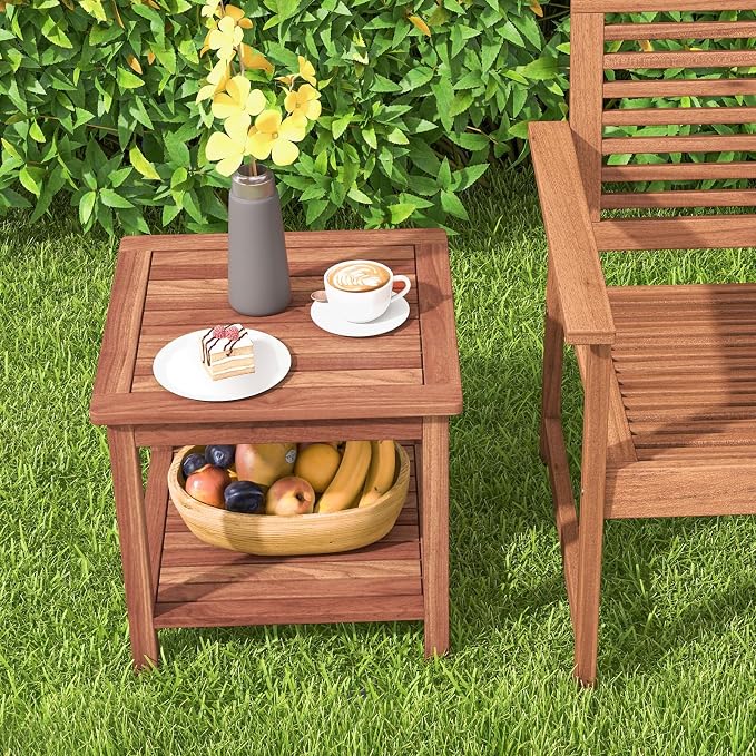 RELAX4LIFE Adirondack Outdoor Side Table - 2-Tier Acacia Wood Square End Tables w/Slatted Tabletop & Shelf for Garden Porch Pool, Indoor Outdoor Companion, Wooden Small Patio Table (1, Natural)