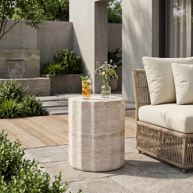 Outdoor Side Table Faux Marble End Table Faux Stone Side Tables Travertine Small Coffee Tables for Indoor Outdoor, Garden Stool Plant Stand for Porch, Backyard Patio, Cylindrical