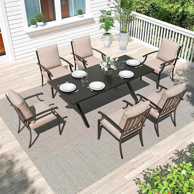 Gotland 7 Piece Outdoor Dining Set, Metal Outdoor Table and Chairs with X-Shaped Legs 1.5" Umbrella Hole, Patio Furniture Set with Waterproof Cushions, Patio Dining Sets for Backyard Deck Khaki
