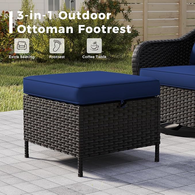 5 PCS Outdoor Conversation Set | 78" Couch, 2 Chairs, 2 Ottomans, Patio Wicker Conversation Furniture with Removable Cushions for Bistro, Deck, Sunroom (Navy Blue)