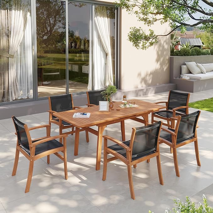 OC Orange-Casual Patio Furniture Set, Acacia Wood Patio Dining Set for 6-8, Outdoor Expandable Table and Chairs Set with Umbrella Hole and Breathable Textilene Fabric for Garden (Black, 7 Pieces)