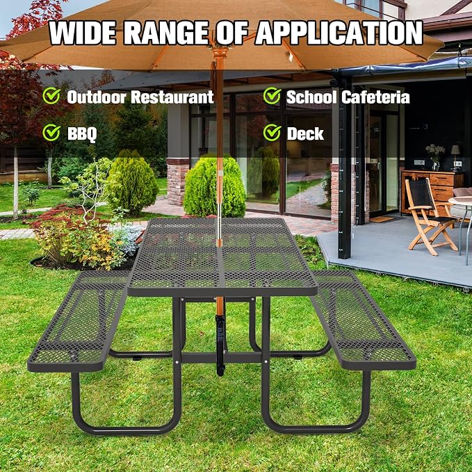 Picnic Tables for Outdoors with Umbrella Hole-Coated Steel Heavy Duty Commercial Grade Table with Seats,Commercial Metal Picnic Tables,Heavy Rectangular Furniture Set for a Lifetime (Black)