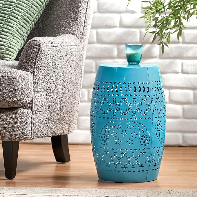 12" Outdoor Side Table, Metal Cutout Drum Side Table, Patio Garden Stool | Coffee End Tables for Small Spaces, Living Room, Backyard, Poolside