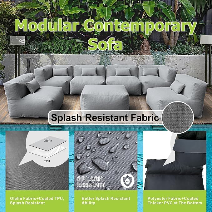 Dineli ANNYH CALALUNA 7Pc Patio Garden Furniture Sectional Conversation Set.Combines 4Middle, 2Corner, 1Ottoman Exp Foam Filled Chairs. A Unique Modular Contemporary Sofa (Dark Gray)