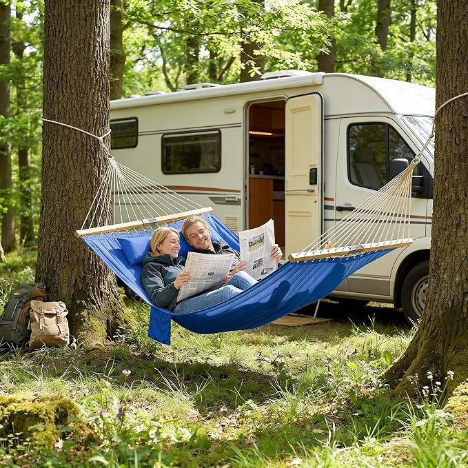 11FT Hammock Without Stand for Outside, Large Patio Hammock with Removable Headrest & Side Pocket, Two Person Hammock with Spreader Bars for Garden, Balconies, 440LBS Capacity (Navy Blue)