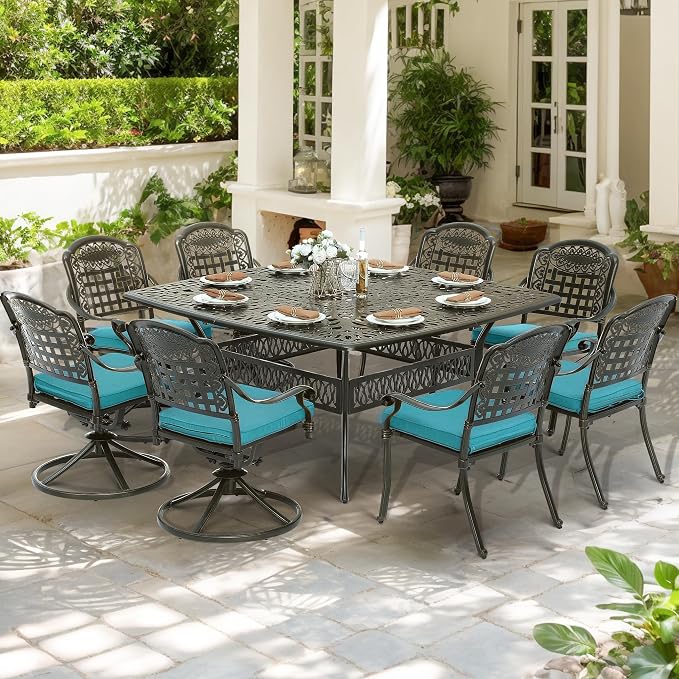SOCIALCOMF 9-Piece Patio Cast Aluminum Dining Set, Outdoor Table and Chairs Set for 8, Includes 64" Large Square Dining Table, 4 Stationary, 4 Swivel Dining Chairs with Umbrella Hole, Ocean Blue