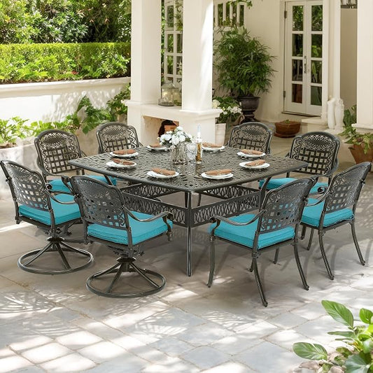 SOCIALCOMF 9-Piece Patio Cast Aluminum Dining Set, Outdoor Table and Chairs Set for 8, Includes 64" Large Square Dining Table, 4 Stationary, 4 Swivel Dining Chairs with Umbrella Hole, Ocean Blue