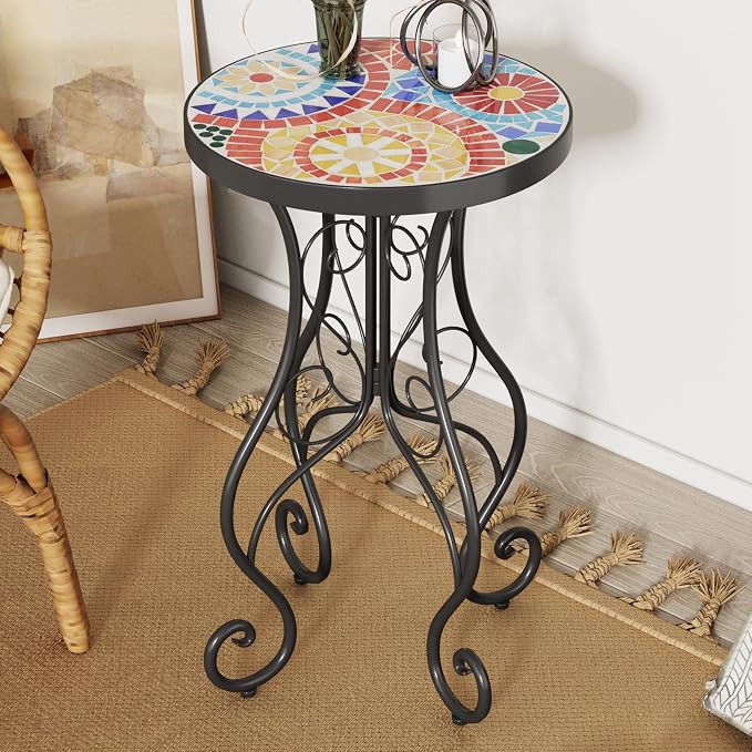 Outdoor Metal Side Table with Ceramic Tile Top Mosaic Patio Side Table and Plant Stand Tables, Round Side Table Iron End Tables for Yard Porch Balcony Garden, Daisy Red