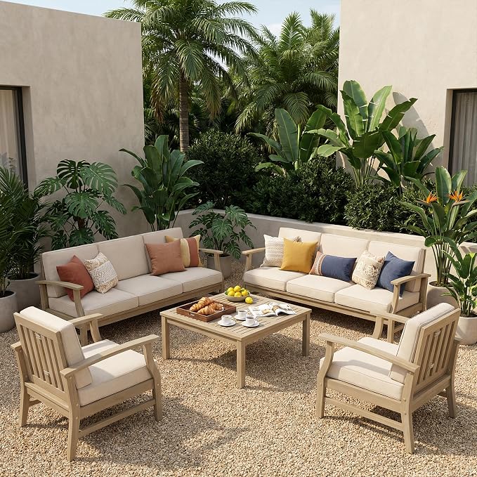 Christopher Knight Home Andy Acacia Wood Outdoor Patio Furniture Set for 8, Patio Sofa Set with Cushions, 8-Seater Patio Conversation Set with Sofas, Club Chairs and Coffee Table, Light White+Sand