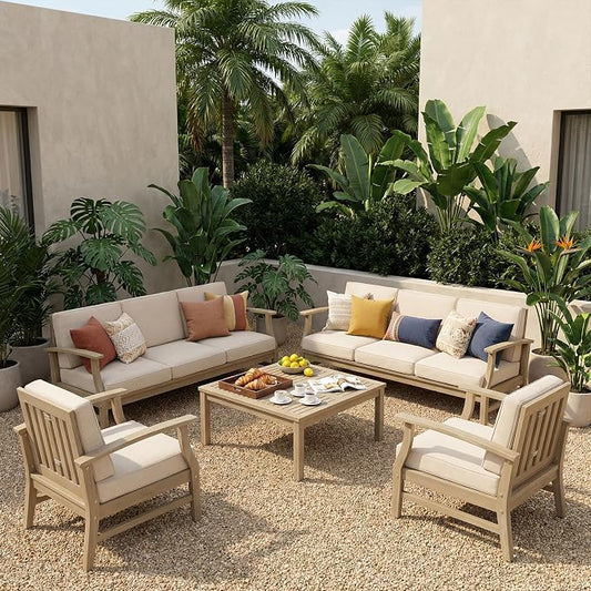 Christopher Knight Home Andy Acacia Wood Outdoor Patio Furniture Set for 8, Patio Sofa Set with Cushions, 8-Seater Patio Conversation Set with Sofas, Club Chairs and Coffee Table, Light White+Sand