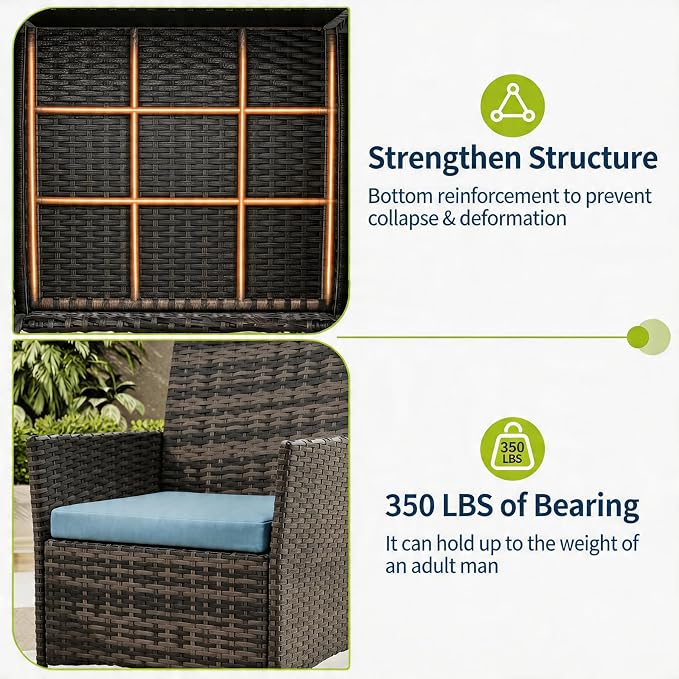 3-Piece Outdoor Furniture Set, PE Rattan Wicker Chairs with Soft Cushions & Tempered Glass Coffee Table - All-Weather Patio Set for Garden, Backyard, Porch, Poolside (Brown/Dark Blue)