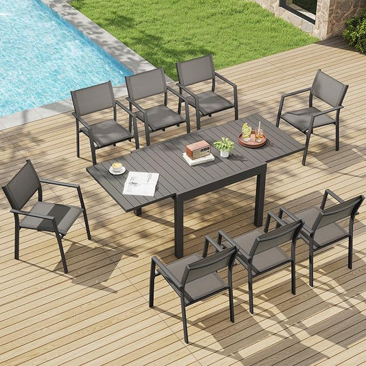 9 Piece Outdoor Dining Set, Expandable Outdoor Patio Dining Table Set for 6-8 Person, Aluminum Outdoor Table and 8 Chairs with Textilene Fabric & Armrest for Patio, Garden, Lawn, Deck(Black)