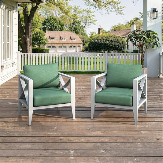 2 Piece Aluminum Patio Furniture Set, Modern Outdoor Patio Conversation Sets with Ergonomic Armhairs, 6" Thick Washable Cushions for Balcony, Porch, Backyard,White