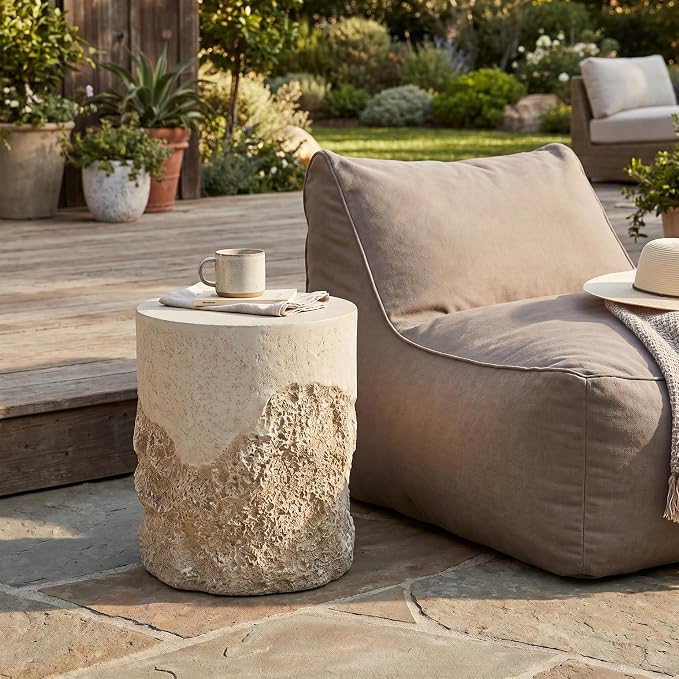 Outdoor MGO Side Table, Rugged Coral-Texture Round Accent Table, Beige Neutral Finish, Lightweight & Sturdy Patio, Balcony, Poolside, Bohemian & Coastal Homes, Fully Assembled