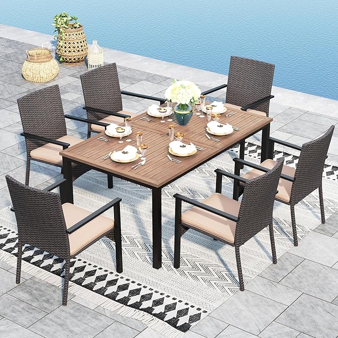 Sophia & William 7pc Patio Dining Set, Wood-Like Metal Table, Wicker Chairs | All Weather Patio Table and Chairs Set for 6, Perfect for backyard, deck, porch