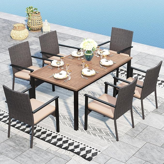 Sophia & William 7pc Patio Dining Set, Wood-Like Metal Table, Wicker Chairs | All Weather Patio Table and Chairs Set for 6, Perfect for backyard, deck, porch