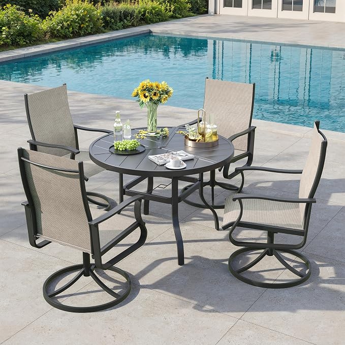 5 Pieces Patio Dining Set, Patio Outdoor Furniture Set of 4 Patio Swivel Dining Chairs and 39" Patio Spliced Round Tabletop with Umbrella Hole, for Deck, Backyard, Poolside & Garden
