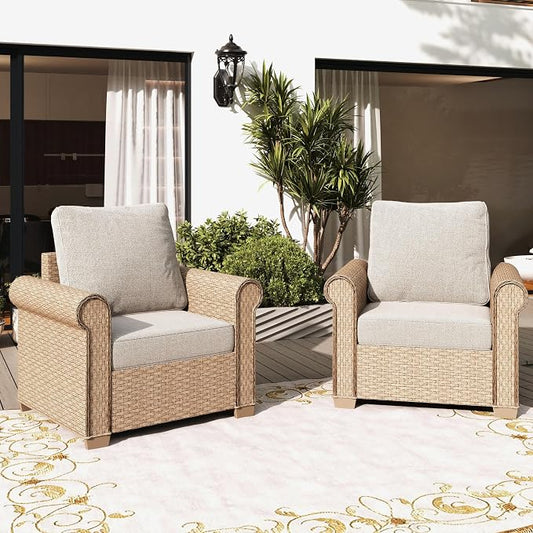 SUNSHINE VALLEY Patio Furniture Set 2 pcs, Rattan Outdoor Chairs with 5.5” Thick Waterproof Cushions, All Weather Wicker Conversation Set for Garden Backyard Deck, Beige