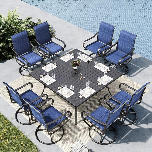 MFSTUDIO Outdoor Dining Set for 8, Metal Table w/Swivel Chairs, Navy Blue | Padded textilene chairs, High back, Ergonomic Design, Umbrella hole, Weather reistant, Patio deck garden backyard