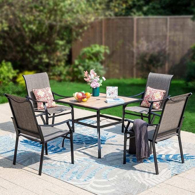 Sophia & William 5-Piece Outdoor Dining Set, 4 Comfortable Textilene Chairs and 37" Wood-like Top Outdoor Square Table, Durable All-Weather Patio Furniture for Lawn, Park, and Courtyard Support 350lbs