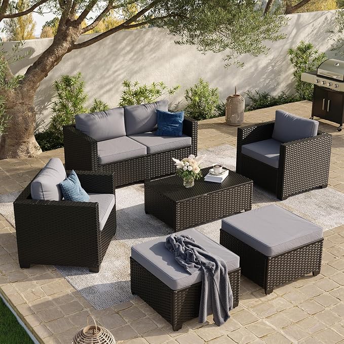 Aoxun 7 Piece Outdoor Patio Furniture Set 6 Seats, Outdoor Sectional with Thick Waterproof Cushions, Patio Conversation Sets for Garden,Backyard, Porch, Balcony, Deck, Black & Gray