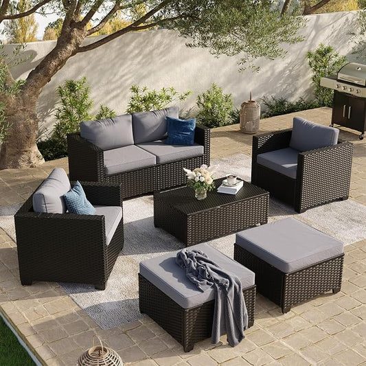 Aoxun 7 Piece Outdoor Patio Furniture Set 6 Seats, Outdoor Sectional with Thick Waterproof Cushions, Patio Conversation Sets for Garden,Backyard, Porch, Balcony, Deck, Black & Gray