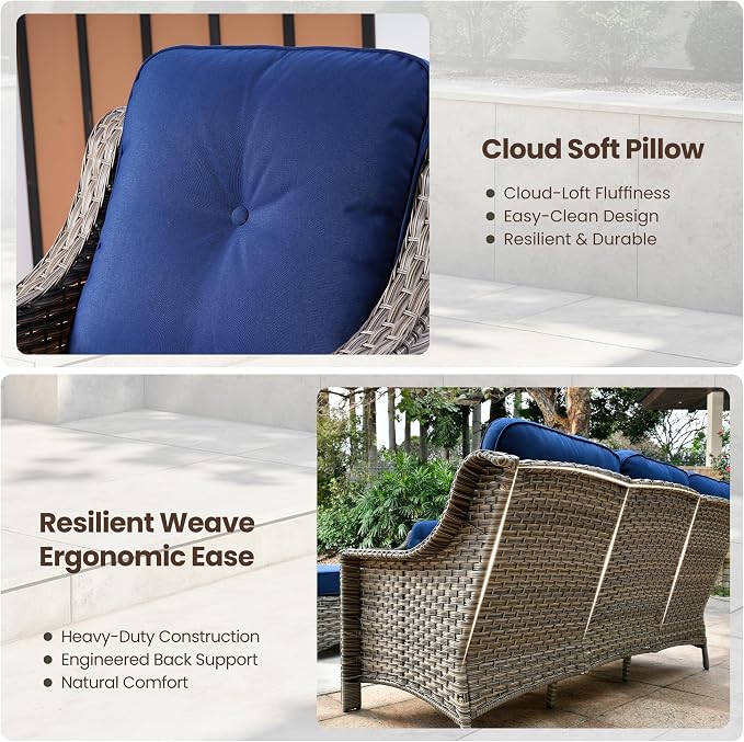 5 PCS Patio Conversation Set, All-Weather Rattan Wicker Outdoor Patio Furniture Sets with High Back Swivel Rocker Chair, Solar Light Coffee Table for Porch,Backyard,Balcony,Navy Blue