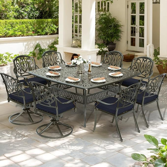 9-Piece Patio Cast Aluminum Dining Set, Outdoor Dining Furniture Set for 8 Person, Includes 64" Square Table, 6 Stationary and 2 Swivel Dining Chairs with Umbrella Hole, Navy Blue