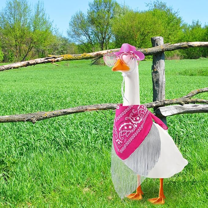 Disco Cowgirl Porch Goose Outfit 23" Cement Goose Statue Fringe Bandana Sunglasses for Summer Lawn Desk Patio Yard(Rose Red)